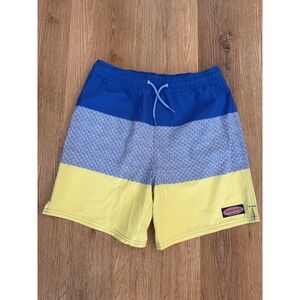 Vineyard Vines Kids Blue Yellow Micro Whale Pieced Chappy Swim Trunks Large NWT